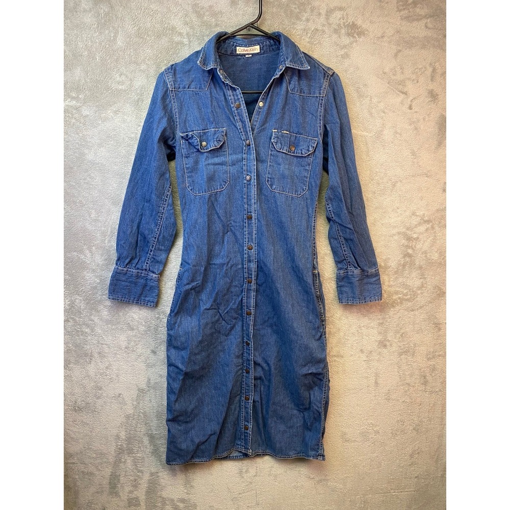 Calvin Klein Womens Blue Denim Shirt Dress Button Front‎ Long Sleeve Midi Size 6